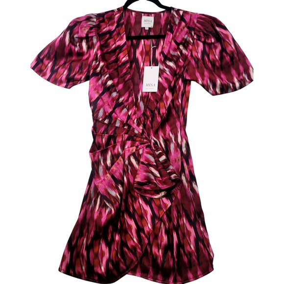 Misa Los Angeles Amina Mini Wrap Dress Pink Red Abstract Short Sleeve USA XS - Picture 2 of 12